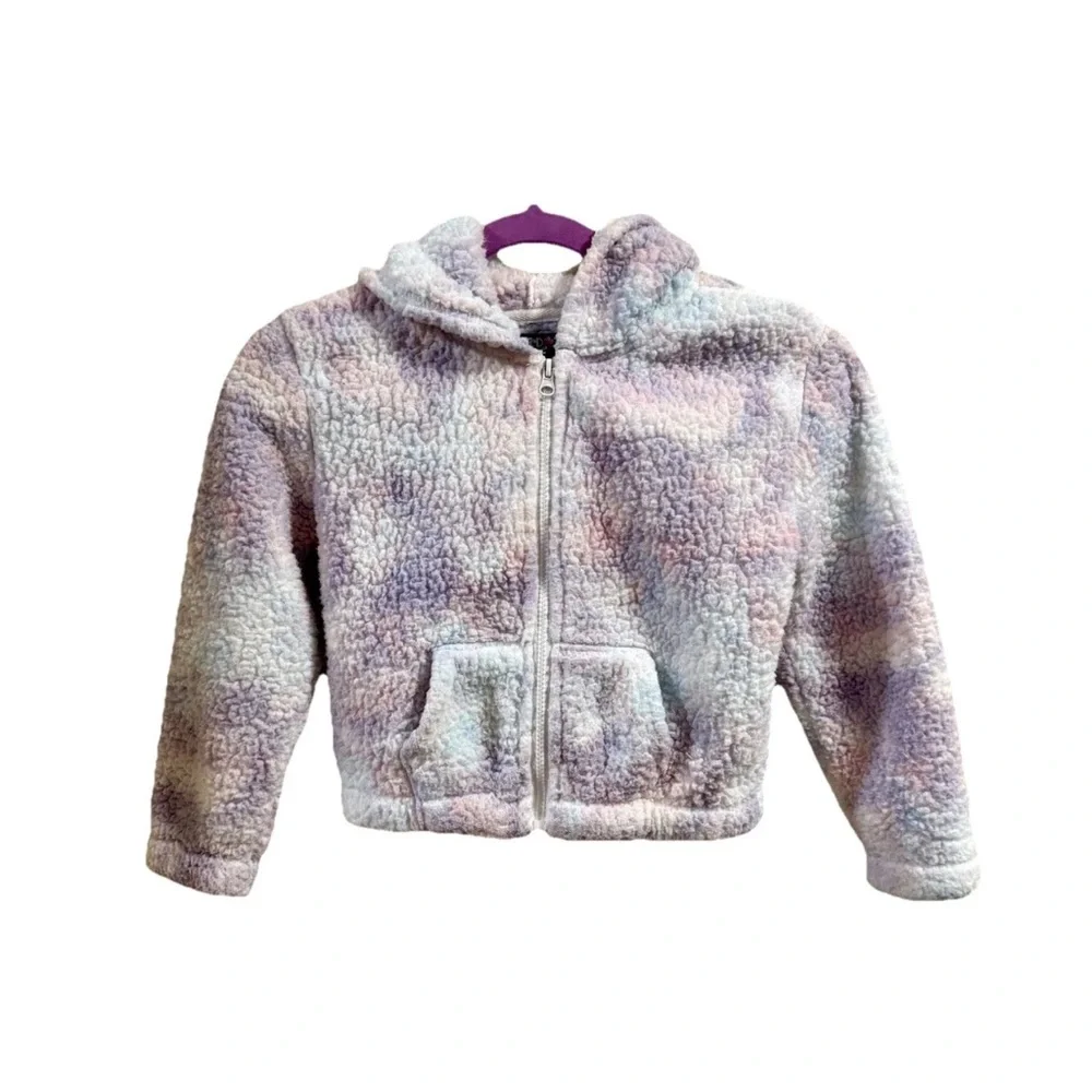 Limited Too Girls Sz 8 Sherpa Pastel Tie Dye Hooded Zip Up Jacket Pockets Spring